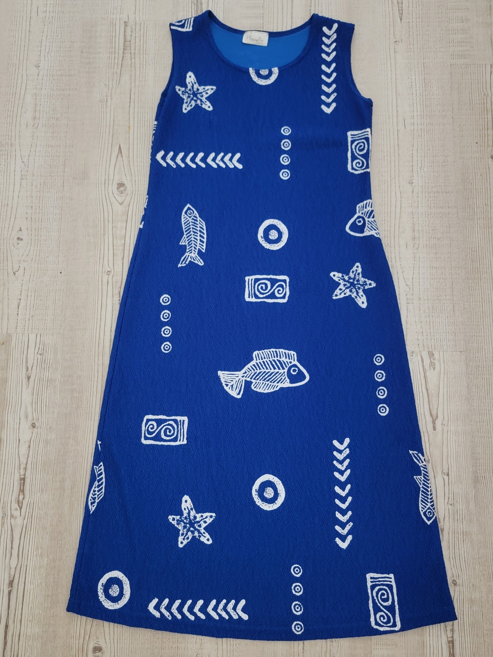Sleeveless Royal Blue Maxi Dress with White Nautical Print Small Vintage Coastal